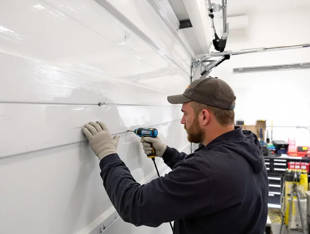 Chino Hills Garage Door Repair technician demonstrating precision dent removal techniques on a Chino Hills garage door